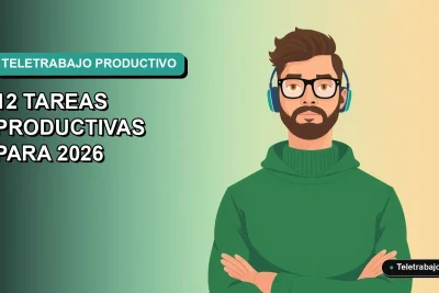 Ilustración plana vectorial de un trabajador remoto masculino con suéter verde, mirando a la izquierda, sobre fondo degradado azul verdoso. Espacio negativo a la izquierda.