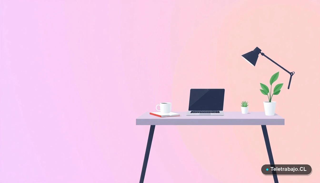 Escritorio moderno minimalista para trabajo remoto con laptop, taza de café y planta, estilo ilustración vectorial plana.