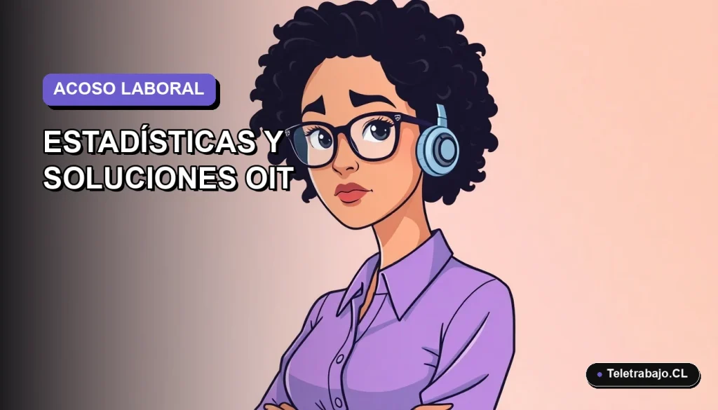 Ilustración vectorial plana de una trabajadora remota con expresión preocupada, sobre fondo degradado lavanda, representando el acoso laboral.