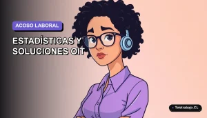 Ilustración vectorial plana de una trabajadora remota con expresión preocupada, sobre fondo degradado lavanda, representando el acoso laboral.