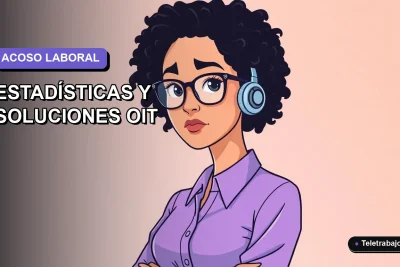 Ilustración vectorial plana de una trabajadora remota con expresión preocupada, sobre fondo degradado lavanda, representando el acoso laboral.