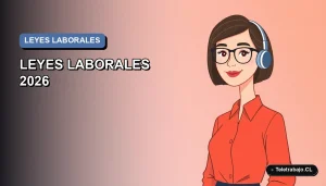 Ilustración plana corporativa de una mujer profesional latina, con fondo degradado azul, representando las nuevas leyes laborales chilenas y la actualización del perfil profesional.