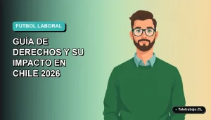 Ilustración vectorial plana de un trabajador masculino de tecnología con suéter verde, sobre un fondo degradado azul teal, representando el acuerdo laboral en el fútbol para Chile 2026.