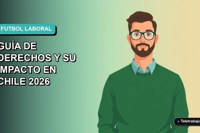 Ilustración vectorial plana de un trabajador masculino de tecnología con suéter verde, sobre un fondo degradado azul teal, representando el acuerdo laboral en el fútbol para Chile 2026.
