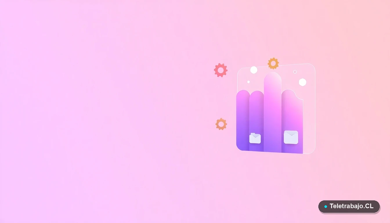 Ilustración abstracta de interfaz de usuario con gráficos flotantes y engranajes estilizados en colores lavanda y durazno, sobre fondo degradado, concepto de acuerdo y datos globales.