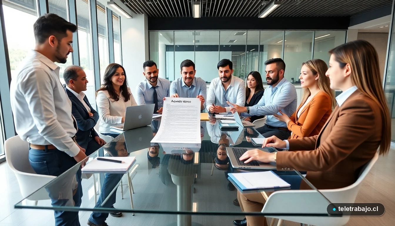 Reunión profesional en oficina chilena discutiendo el acuerdo salarial colectivo para el período 2024-2026