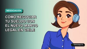 Ilustración plana corporativa de una mujer profesional chilena con blusa azul, representando la negociación salarial bajo el nuevo marco legal 2026, sobre fondo degradado verde azulado.