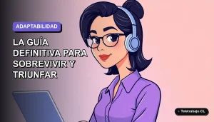 Ilustración plana corporativa de una mujer profesional chilena trabajando remotamente en 2026, con fondo degradado lavanda.