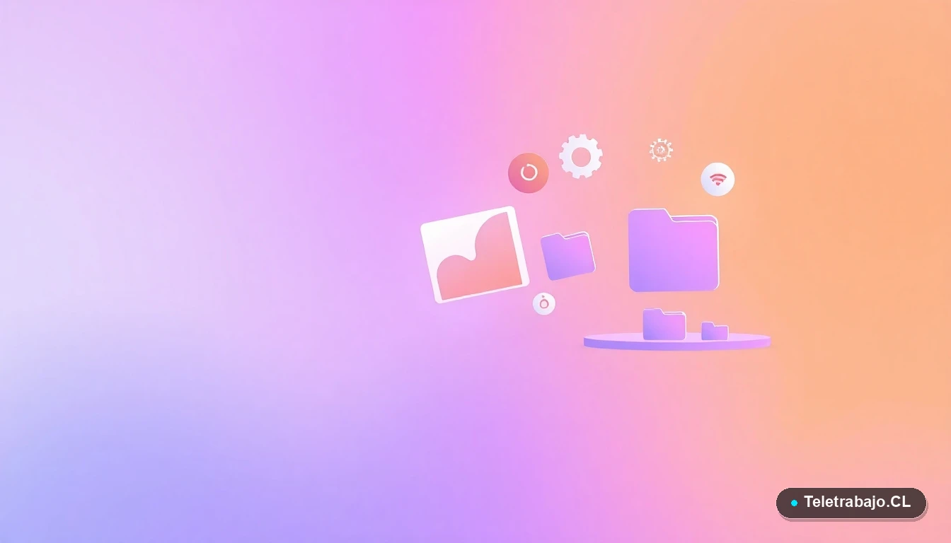 Elementos de interfaz de usuario abstractos y modernos, como gráficos y engranajes flotantes, que simbolizan tecnología y adaptabilidad en el trabajo.