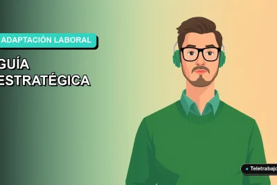 Ilustración vectorial plana de un trabajador masculino de tecnología con suéter verde, sobre un fondo degradado suave de color teal. Espacio negativo a la izquierda.