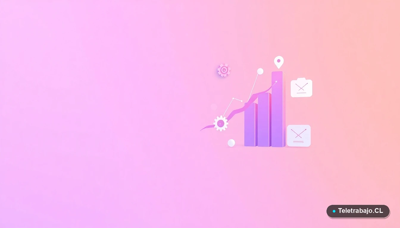Composición abstracta de interfaz de usuario con gráficos flotantes y un ícono de engranaje, en colores lavanda y durazno, sobre fondo degradado.