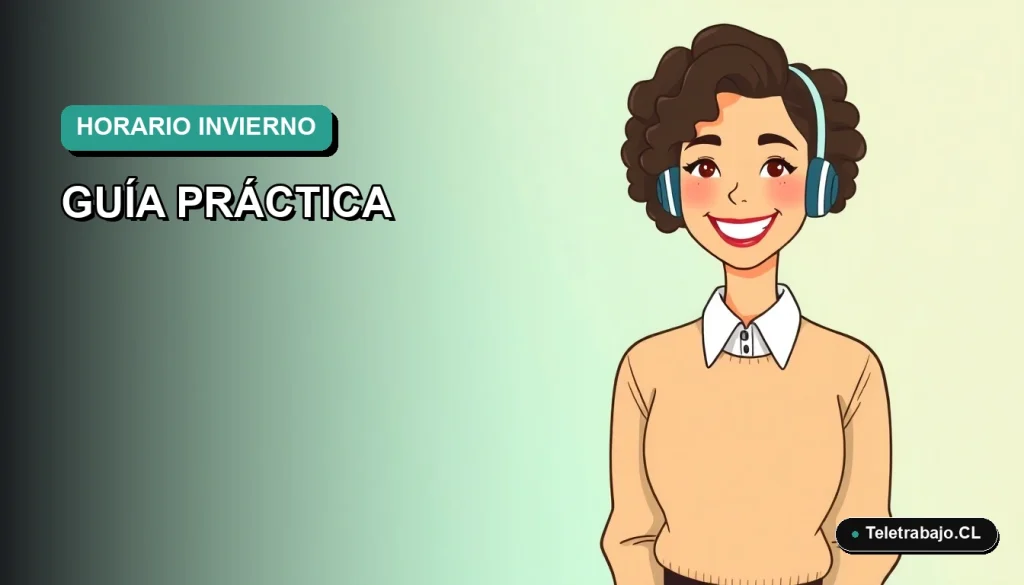 Ilustración plana corporativa de trabajadora remota feliz con suéter beige, sobre fondo degradado verde azulado, para guía de adaptación al horario de invierno 2026.