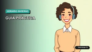 Ilustración plana corporativa de trabajadora remota feliz con suéter beige, sobre fondo degradado verde azulado, para guía de adaptación al horario de invierno 2026.