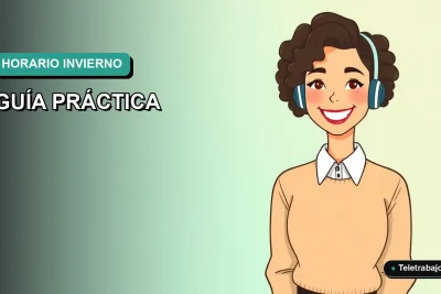 Ilustración plana corporativa de trabajadora remota feliz con suéter beige, sobre fondo degradado verde azulado, para guía de adaptación al horario de invierno 2026.