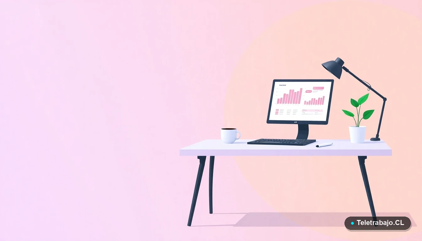 Escritorio moderno minimalista con laptop, gráficos abstractos, planta y taza de café, sobre fondo degradado lila y durazno, representando productividad en el nuevo horario.