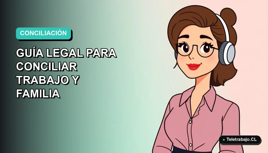 Ilustración vectorial plana de una mujer profesional chilena trabajando desde casa, con fondo degradado azul verdoso, sobre conciliación laboral y familiar.