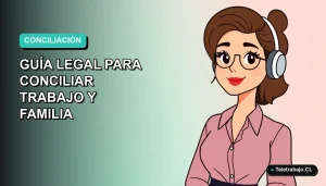 Ilustración vectorial plana de una mujer profesional chilena trabajando desde casa, con fondo degradado azul verdoso, sobre conciliación laboral y familiar.