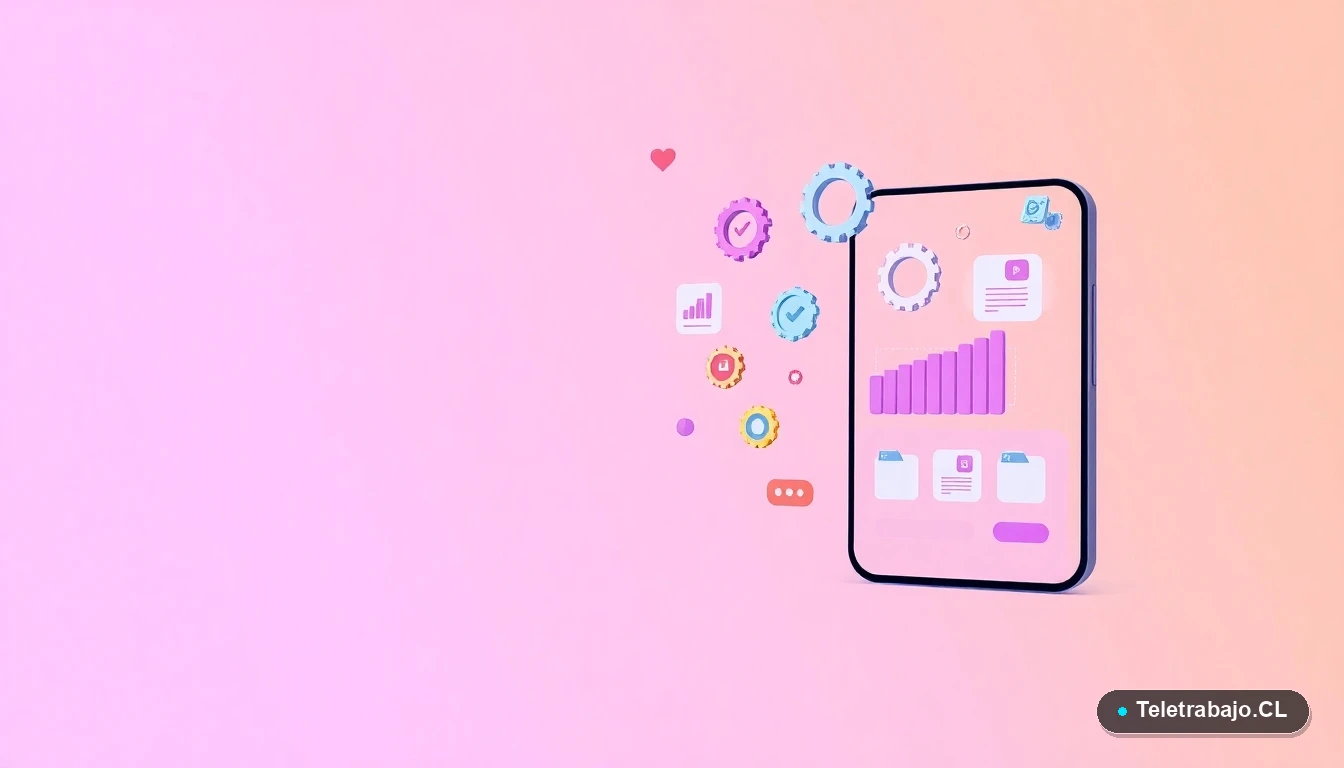 Elementos abstractos de interfaz de usuario tecnológica con gráficos y engranajes flotantes, sobre fondo degradado lila y melocotón, representando conceptos laborales.