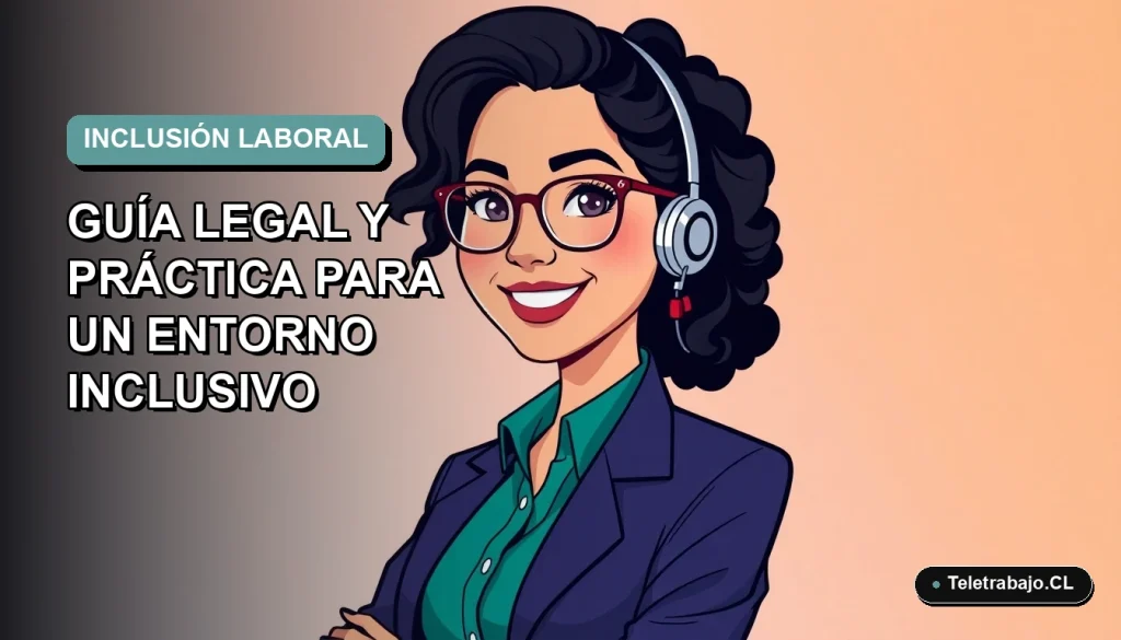 Ilustración plana corporativa de una mujer profesional chilena con discapacidad auditiva, sonriendo, con fondo degradado azul verdoso. Representa la inclusión laboral y las adaptaciones en el entorno de trabajo remoto.