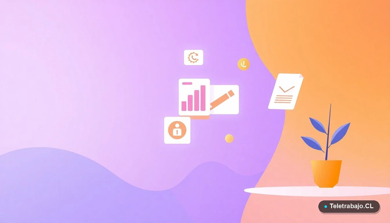 Interfaz de usuario abstracta con iconos planos de engranaje de accesibilidad, gráfico de crecimiento, documento y planta. Fondo degradado lila y durazno. Concepto de tecnología inclusiva y adaptaciones laborales.