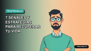 Ilustración vectorial plana de un trabajador remoto masculino con expresión de agotamiento, sobre fondo degradado azul verdoso, representando la adicción al trabajo en Chile.