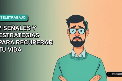 Ilustración vectorial plana de un trabajador remoto masculino con expresión de agotamiento, sobre fondo degradado azul verdoso, representando la adicción al trabajo en Chile.