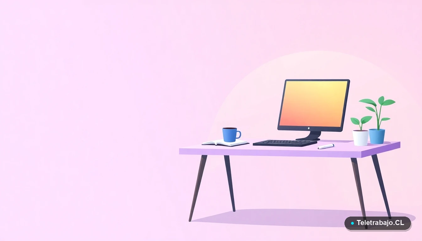 Escritorio moderno vacío con laptop, taza de café y planta, en estilo de ilustración vectorial plana sobre fondo degradado lila, concepto de espacio de trabajo equilibrado.