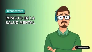 Ilustración plana vectorial de un trabajador masculino con expresión de agotamiento, sobre un fondo degradado verde azulado. Espacio negativo a la izquierda.