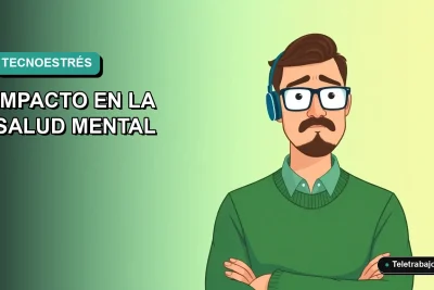 Ilustración plana vectorial de un trabajador masculino con expresión de agotamiento, sobre un fondo degradado verde azulado. Espacio negativo a la izquierda.