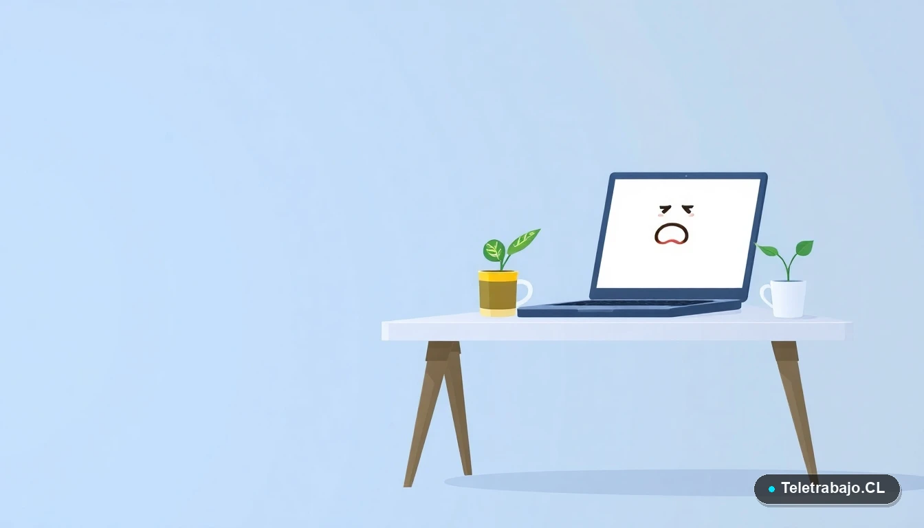 Escritorio moderno vacío con laptop, planta marchita y taza de café, ilustración plana sobre fondo degradado azul grisáceo, representando el agotamiento laboral.