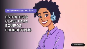 Ilustración plana corporativa de una trabajadora remota feliz sonriendo, con fondo degradado lavanda suave, concepto de afterwork productivo para equipos 2026.