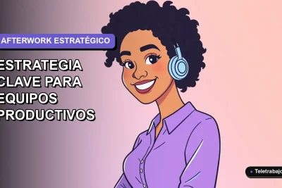 Ilustración plana corporativa de una trabajadora remota feliz sonriendo, con fondo degradado lavanda suave, concepto de afterwork productivo para equipos 2026.