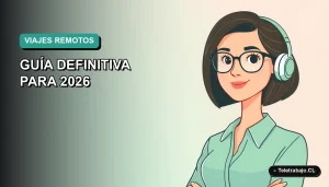 Ilustración plana de una mujer de teletrabajadora del sector turístico, con fondo degradado azul verdoso.