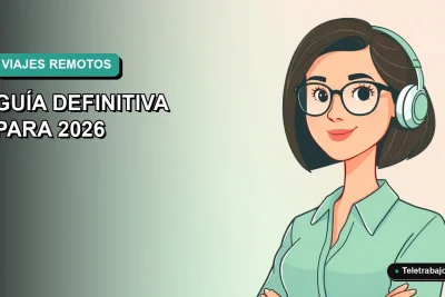 Ilustración plana de una mujer de teletrabajadora del sector turístico, con fondo degradado azul verdoso.
