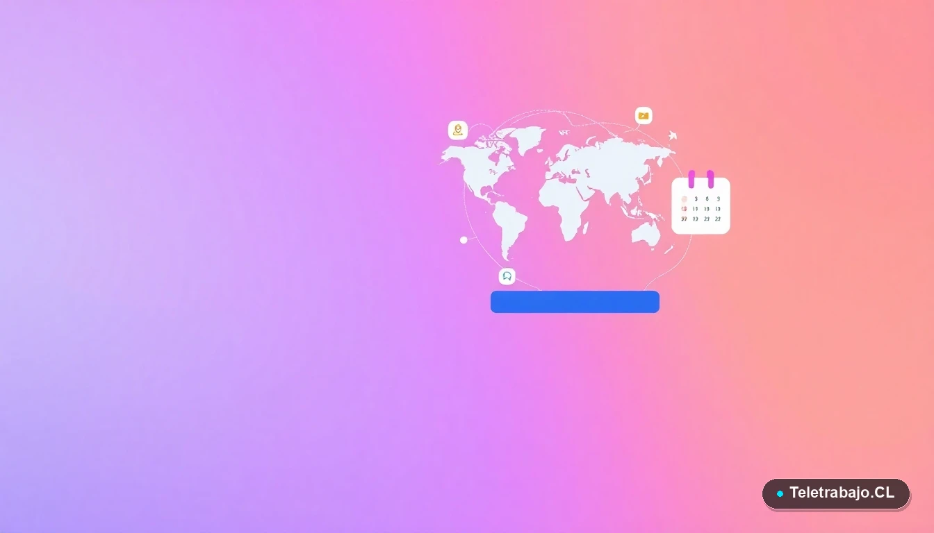 Interfaz de usuario abstracta con elementos de viaje, como mapa mundial y avión, sobre fondo degradado lila y melocotón.