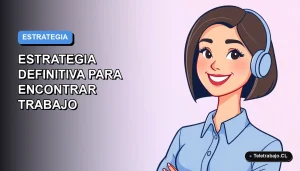 Ilustración plana de mujer profesional con blusa azul y corte bob, sonriendo, sobre fondo degradado azul y lila, representando estrategia de búsqueda laboral.