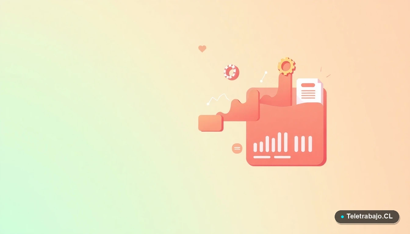 Composición abstracta de interfaz de usuario con gráficos, engranaje y carpeta en colores melocotón, sobre fondo degradado verde menta, simbolizando productividad y organización.