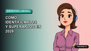 Ilustración plana vectorial de una trabajadora chilena de tecnología con expresión pensativa, sobre fondo degradado azul verdoso. Representa el síndrome del impostor y agotamiento laboral.