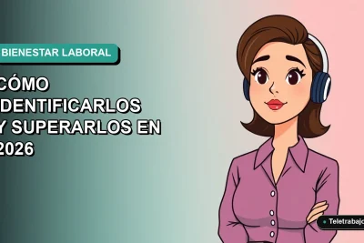 Ilustración plana vectorial de una trabajadora chilena de tecnología con expresión pensativa, sobre fondo degradado azul verdoso. Representa el síndrome del impostor y agotamiento laboral.