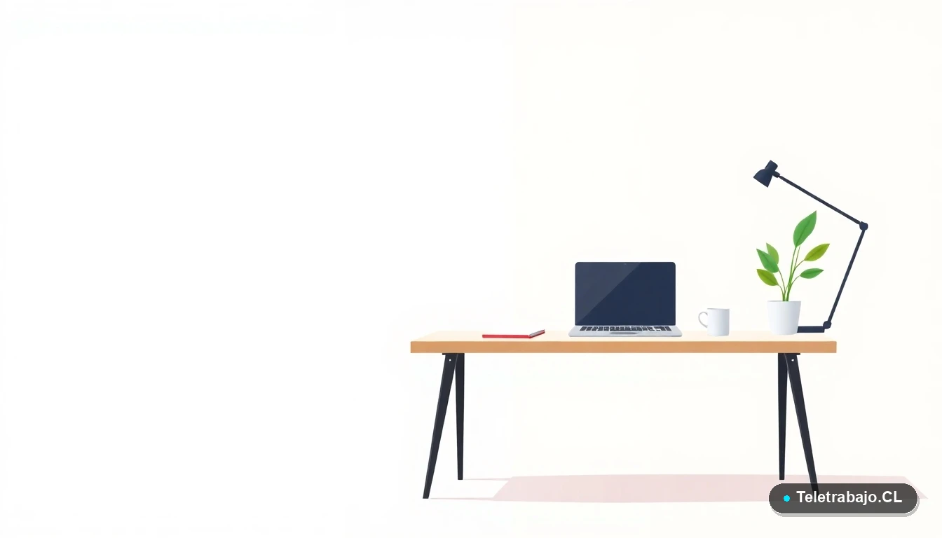 Escritorio moderno minimalista vacío con laptop, cuaderno y taza de café, ilustración plana vectorial sobre fondo degradado menta. Representa pausa y espacio para reflexionar.