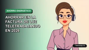 Ilustración plana vectorial de mujer profesional teletrabajando con fondo degradado verde, concepto de ahorro energético en casa.