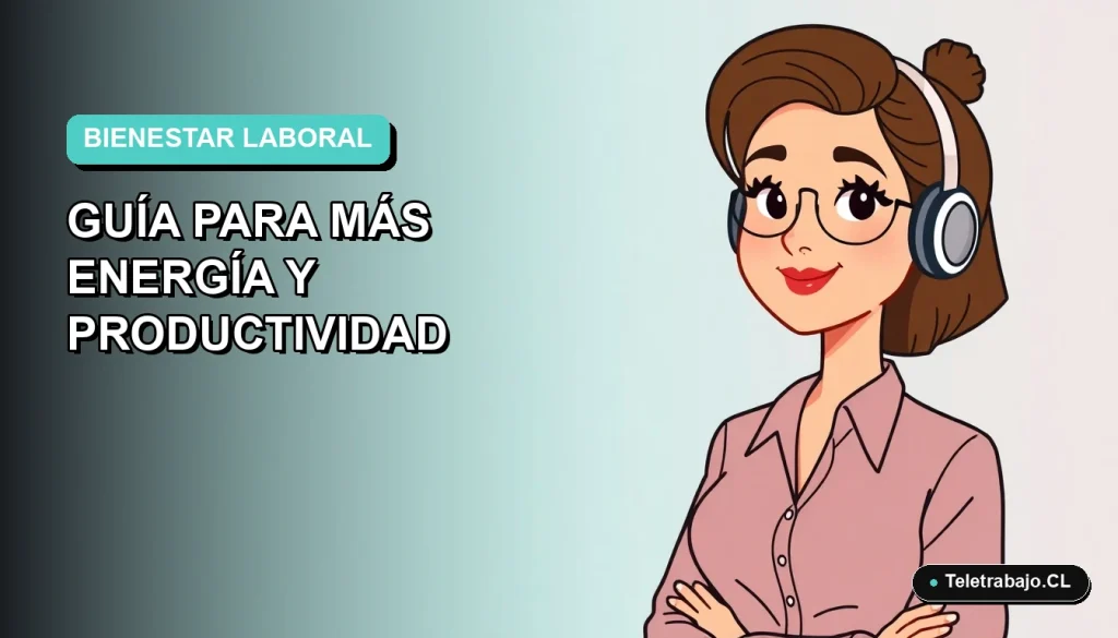Ilustración plana vectorial de una mujer profesional trabajando remotamente, con fondo degradado suave en tonos teal. Representa la guía de alimentación saludable en el trabajo para 2026.