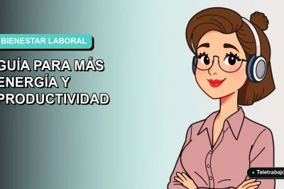 Ilustración plana vectorial de una mujer profesional trabajando remotamente, con fondo degradado suave en tonos teal. Representa la guía de alimentación saludable en el trabajo para 2026.