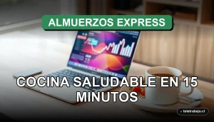 Almuerzo saludable y rápido para teletrabajo sobre un escritorio moderno con laptop y plantas.