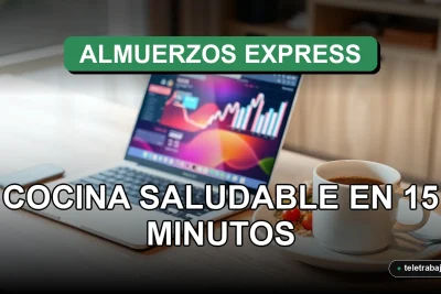 Almuerzo saludable y rápido para teletrabajo sobre un escritorio moderno con laptop y plantas.