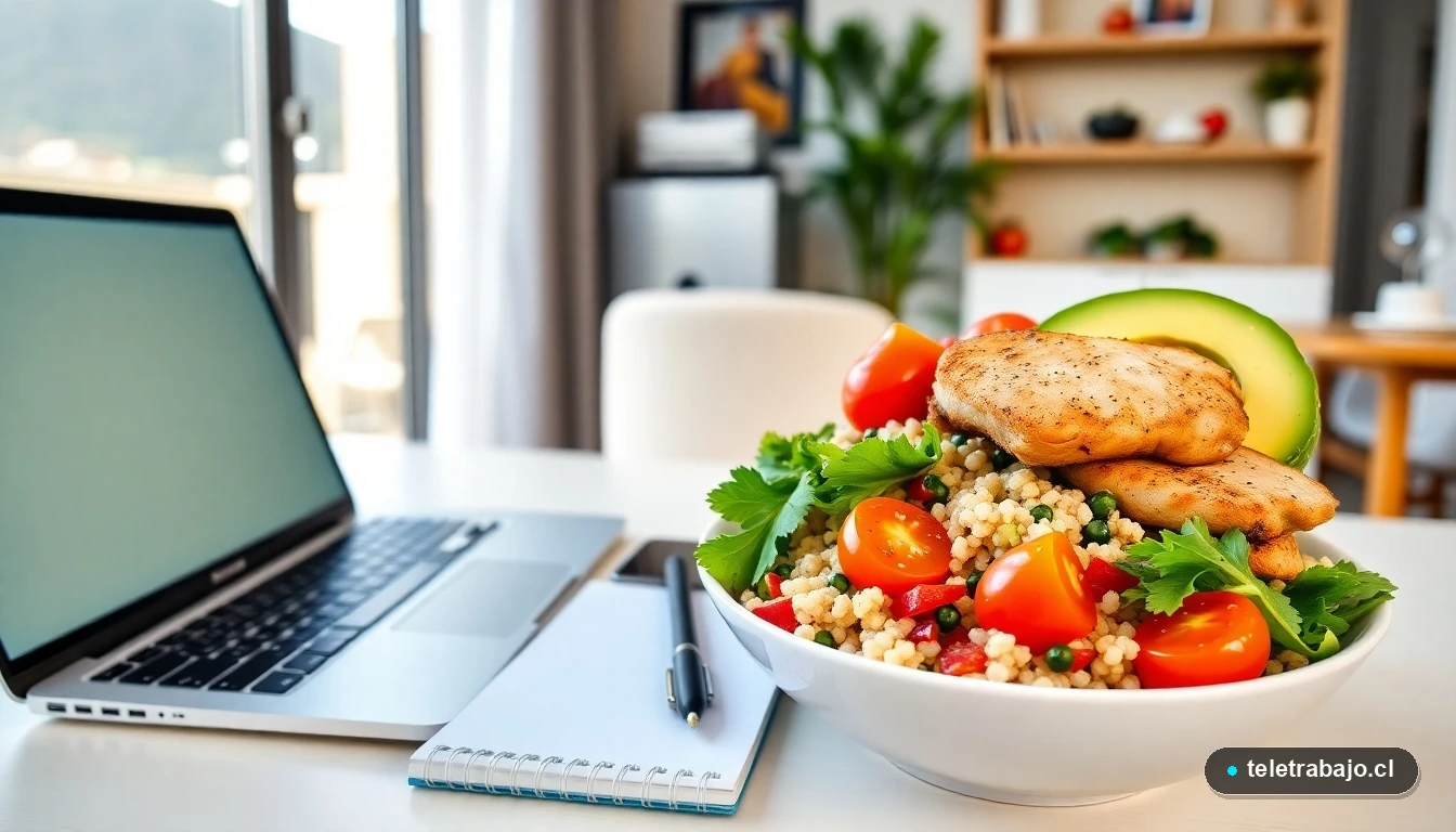 Almuerzo saludable y rápido para teletrabajadores en Chile, preparado en 15 minutos con ingredientes frescos.