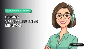 Ilustración plana de mujer teletrabajadora sonriente con fondo degradado verde menta, concepto de almuerzos express y comida saludable para oficina en casa.