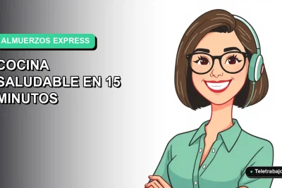 Ilustración plana de mujer teletrabajadora sonriente con fondo degradado verde menta, concepto de almuerzos express y comida saludable para oficina en casa.