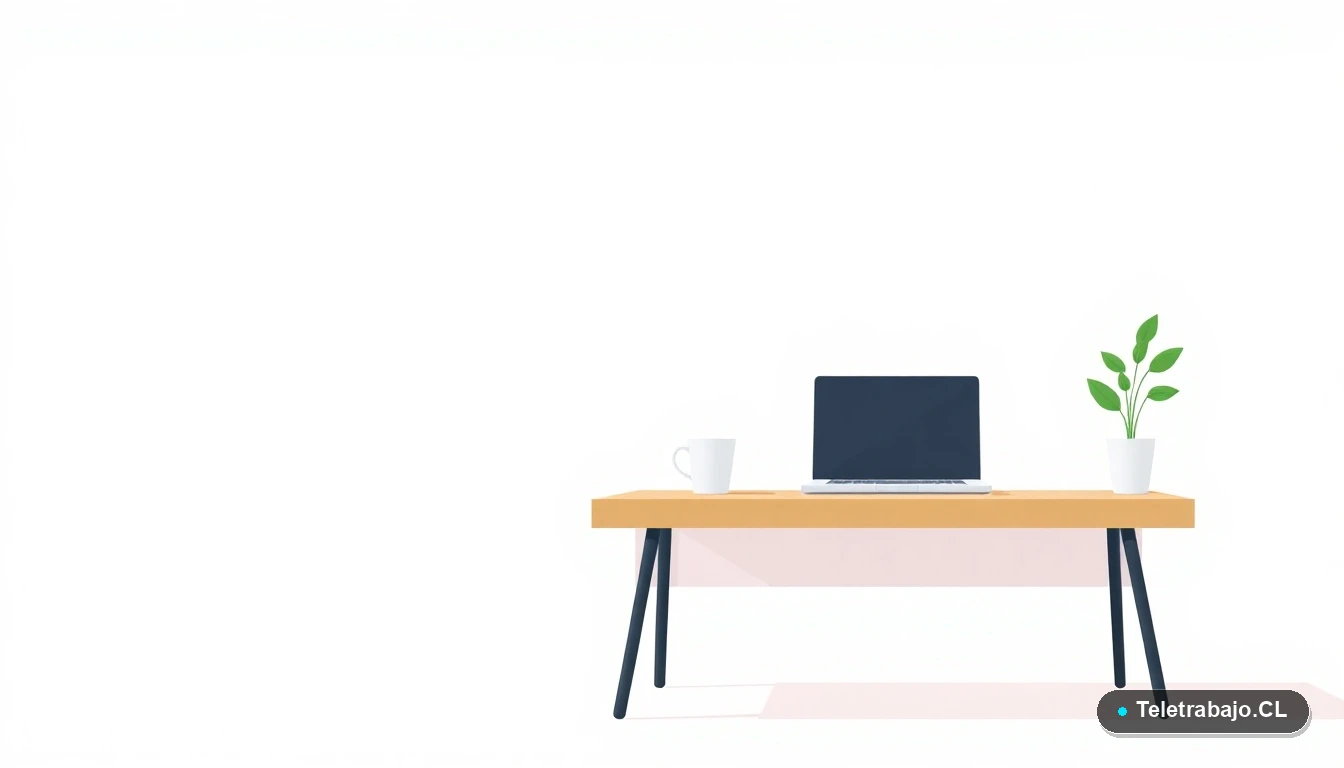 Escritorio moderno minimalista para teletrabajo con laptop, taza de café y planta, sobre fondo degradado azul verdoso, representando una pausa para el almuerzo express.