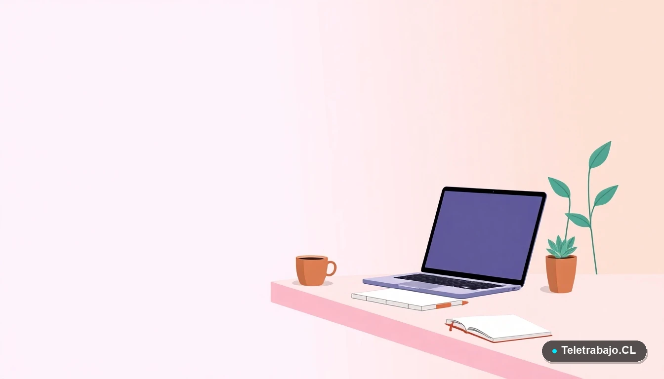 Escritorio moderno vacío con laptop, café y planta, ilustración plana sobre fondo degradado lila y durazno.